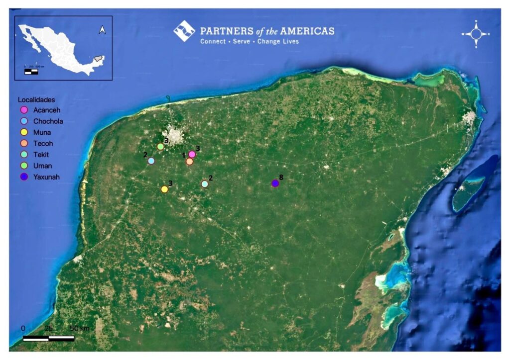 A map of the Yucatán Peninsula with circles over the communities being served.